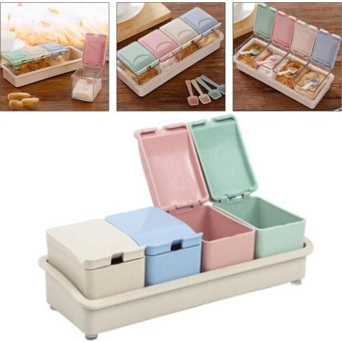 4Pcs Kitchen Seasoning Spice Box Set With Storage Base Cruet Condiment Salt and Pepper Seasoning Cooking Case Kitchen Tool