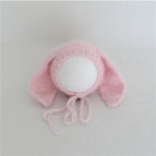 Angora Fluffy Handknit Bonnet Long Fluff Bunny Hat Set for Newborn Photography Props