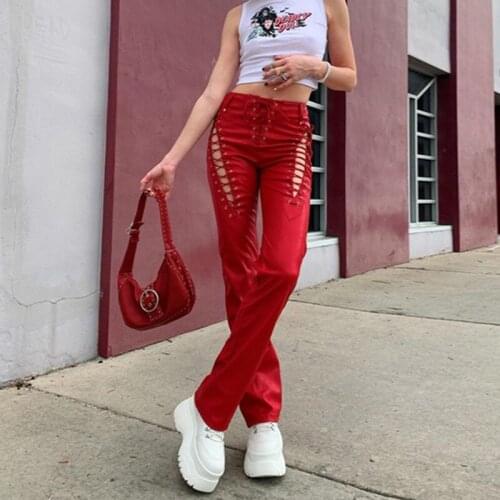 Y2K Hollow Out Lace-Up PU Leather Pants Harajuku Vintage High Waist Bandage Red Trousers Grunge Punk Streetwear