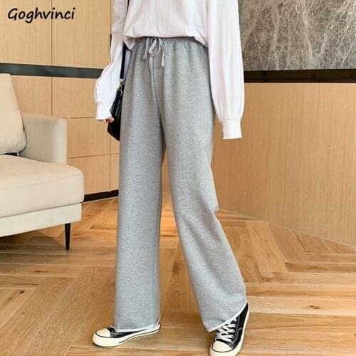 Casual Pants Women Basic Gray Wide-leg Trousers High Waist Bodybuilding Harajuku Drawstring Sweatpants Slim Streetwear Students
