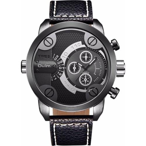 Famous Brand Oulm Watches Mens Leather Band Japan Movt Quartz 2 Time Zone Casual Designer Fashion Watch Relogio Masculino Marca