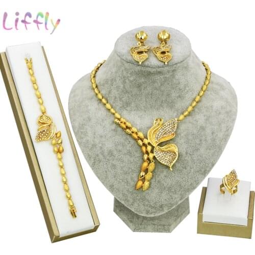 Dubai Jewelry Sets Butterfly Set Crystal Necklace Earrings Ring Bracelet Middle East African Jewelry Fashion Pop Charm Woman