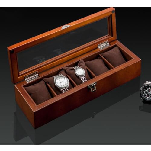 Top 5 Slots Display Watch Boxes Coffee Wood Watch Storage Boxes Case With Lock New Wooden Watch Gift Jewelry Box D0266