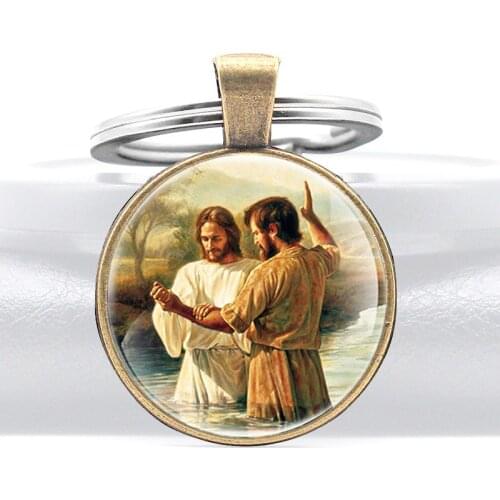 Classic Jesus Christ Was Baptized Glass Dome Key Chain Christian Men Women Jewelry Key Rings