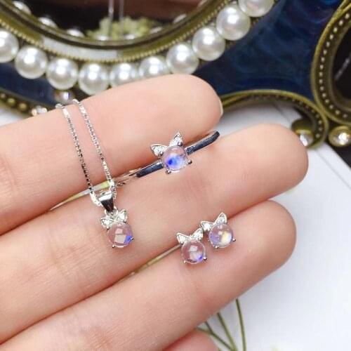 Cat style cute moonstone ring earrings and necklace jewelry set real 925 silver lucky birthstone natural gem certified gift
