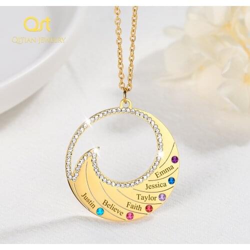 Personalized Name Necklace Pendant For Women Birthstone Crystal Necklaces Wave Custom Stainless Steel Jewelry Designer Original