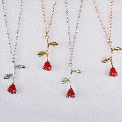 Golden gold color enamel leaf rose flower pendant necklace women girl link chain necklace jewelry choker fashion foral jewellery