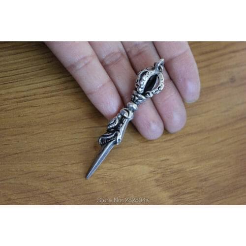 PN131 Tibetan Silver Buddhism Dorje Vajra Amulet Handmade Nepal 69mm Long Pendant For Man