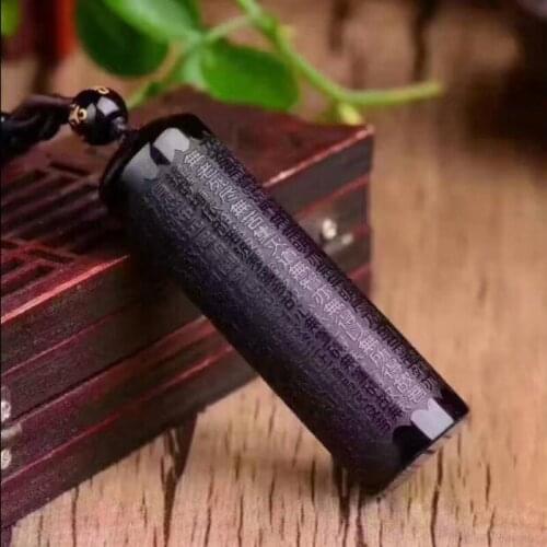 Natural Obsidian Pendant Prajna Paramita Sutra Buddha Necklace with Lucky Beads Chain Fashion Jewelry for Men Women