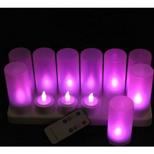 Remote control 12pcs LED Rechargeable Flameless TeaLight Glow candle lamp 8 key timer function Wedding party table decor-Purple