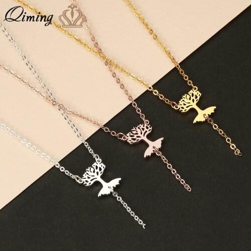 QIMING Peace Tree Of Life Pendant Necklace For Women Fashion Ethnic Stainless Steel Jewelry Planet Chains Necklace Dropship Gift