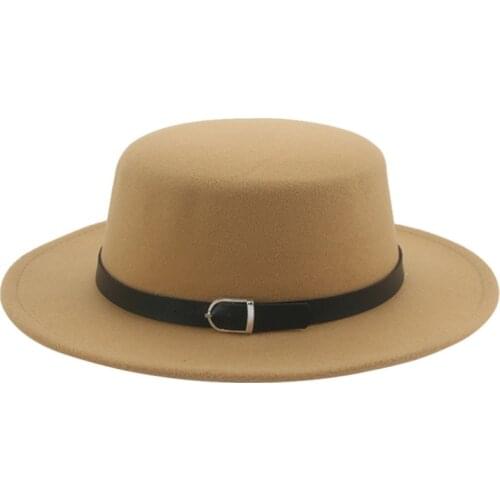 Felted men hats solid flat top belt band classic simple fedora hats khaki camel black white red casual formal dress winter hats