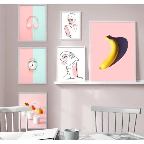 Nordic Headset Clock Banana Posters and Prints Line Girl Canvas Painting Abstract Pink Blue Background Wall Art Pictures