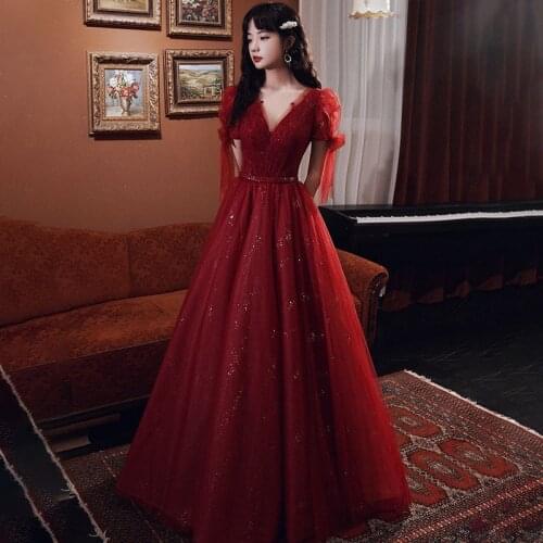 Special Occasion Dress Illusion V-Neck Short Luxury Burgundy A-Line Tulle Lace Floor-Length Elegant Fashion Women Prom Gown E866