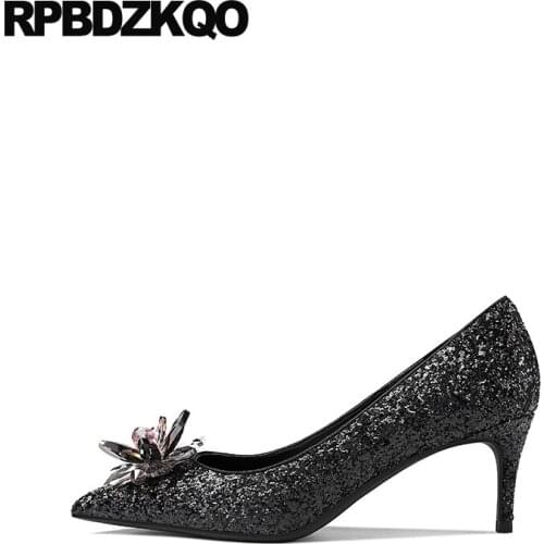 High Heels Thin Black Slip On Golden Ladies Extreme Shoes Bridal Super 8cm Big Size Pointed Toe Ultra Gold Glitter Pumps Crystal