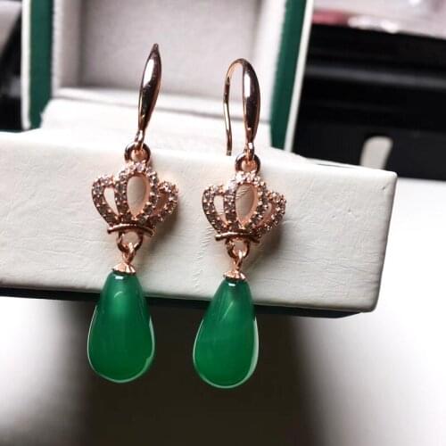 Ethnic Natural Green Jade Drop Earrings For Women Rose Gold 925 Silver Crown Earrings Female Gemstones Party Wedding Jewelry