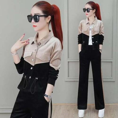Corduroy Suit Womens 2020 Spring And Autumn New Korean Womens Fashion Casual Waist And Thin Wide-Leg Pants Two-Piece Lady L73