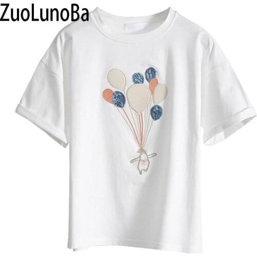 ZuoLunOuBa Summer Fashion Clothes Womens T Shirt White Embroidered Balloon Short Sleeve O Neck Loose Tees Tops