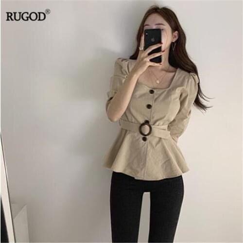 RUGOD 2019 New Women Autumn Shirt With Sash Square Collar Puff Sleeves Slim Blouse Temperament Stylish Chic Korean Casual Blusas