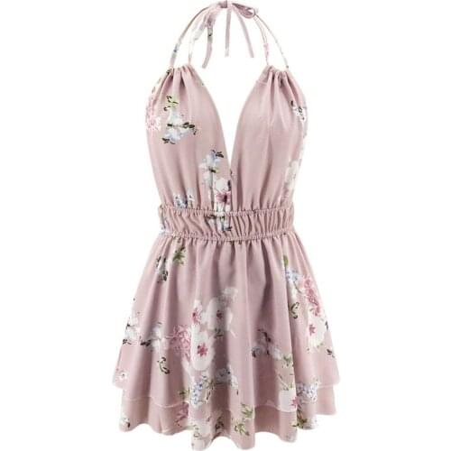 Womens Sexy Sleeveless Halter Dress, Casual Tight Flower Leaves Printing Skirt, V-neck Bodycon One-piece