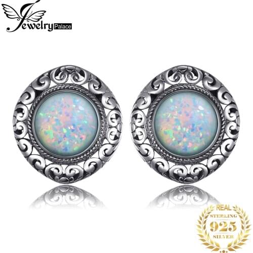 JewelryPalace Vintage 2.5ct Round Cabochon Created Opal Carving Heart Stud Earrings 925 Sterling Silver Earrings Women Jewelry