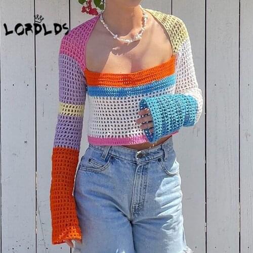 LORDLDS Women Pacthwork Sweaters Square Collar Hollow Out Cropped Pullovers Crochet Fall Clothes for Women Fashion Sexy