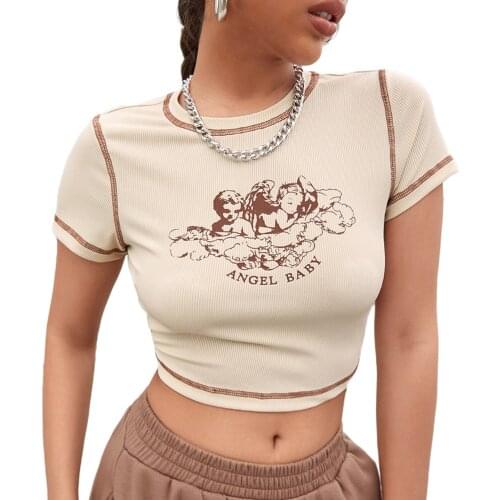 Womens Angel Print Crop Tops 90s Retro T-Shirts Short Sleeve Round Neck Contrast Stitch Crop Tops Club Streetwear Tees