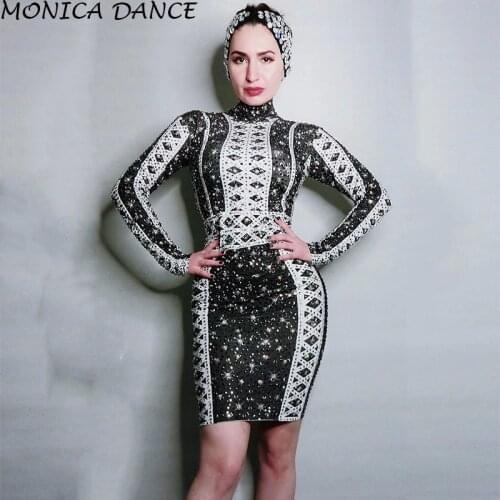 Women Black White Bling Rhinestones Elastic Skinny Dress Evening Bar Birthday Celebrate Prom Crystals Short Dress Singer Costume