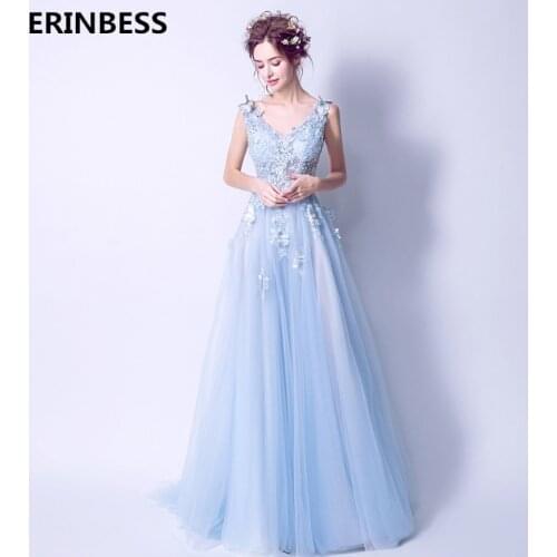 Vestido De Festa Light Blue Tulle Evening Dresses Long Dress 2019 Prom Party Gowns Robe De Soiree V-neck Evening Dress A-line