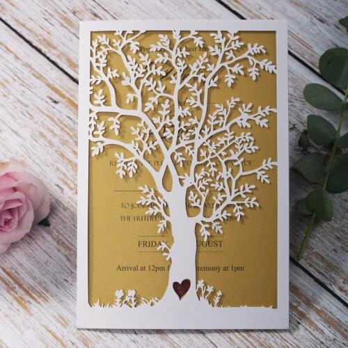 100pcs Rustic Laser Cut Tree Wedding Invitations Cards with Envelopes for Birthday Engagement Party Invitations, Customizable