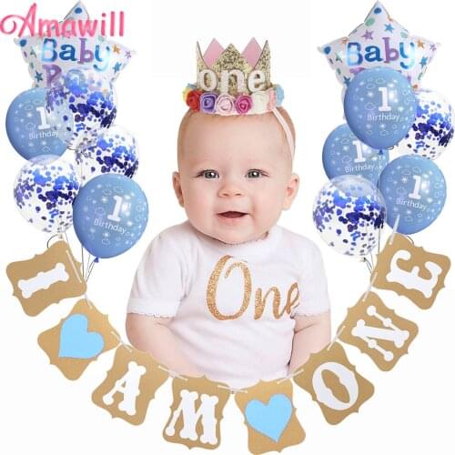 Amawill 1 Year Old Birthday Party Decorations Kit Baby 1st Birthday Latex Balloons Foil Globos I Am One Banner Baby Shower 75D