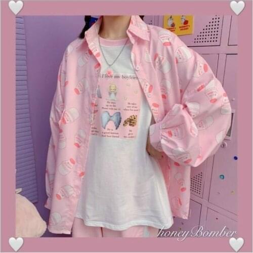 Deeptown Kawaii Blouse Women Korean Style Fashion Print Button Up Shirt Kpop Spring 2021 Long Sleeve Cute Top Loose Women Shirts