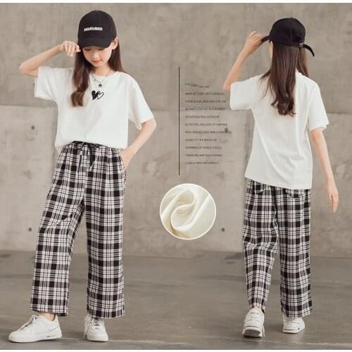 Summer 2021 Girls Sets Fashion Plaid Tracksuit for Children Short-sleeved T-shirt Wide Pants 2pcs Clothes for Teenagers 12 13 Y