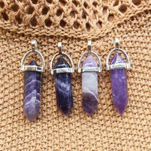 Purple Crystal Quartz Hexagonal Prism Pendants Wholesale Stripe Amethysts Pillar Charms Pendants for Jewelry Making