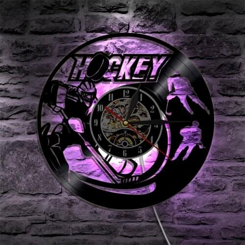 Ice Hockey Wall Art Field Hockey Vinyl Record Wall Clock Hockey Player Sports Room Modern Design Home Decor LED Night Light Gift