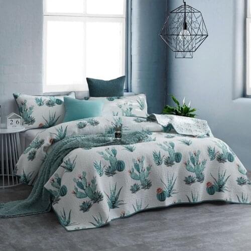 CHAUSUB Bedspread Cotton Quilt Set 3PCS Cactus Print Coverlets Bed Cover Pillowcase King Queen Size Quilts Quilted Blanket