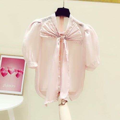 Sweet Temperament Beaded Bowknot Blouse Woman Short Puff Sleeve See-through Shirt Blusas 2021 Summer New Casual Top