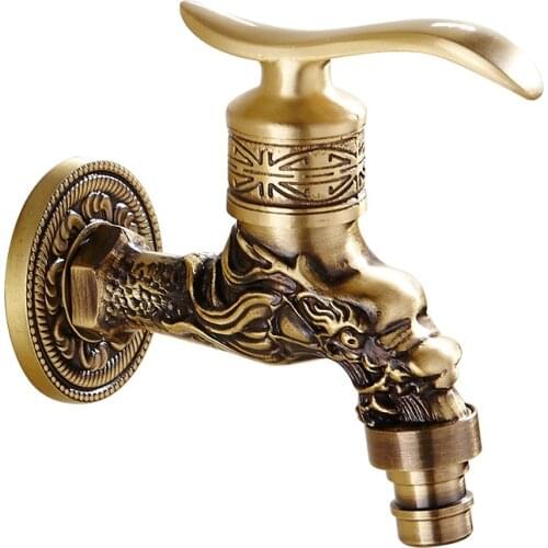 Carved Dragon Antique Bibcock Wall Mount Brass Retro Taps Decorative Outdoor Garden Washing Machine Mop Luxury Bathroom Faucet