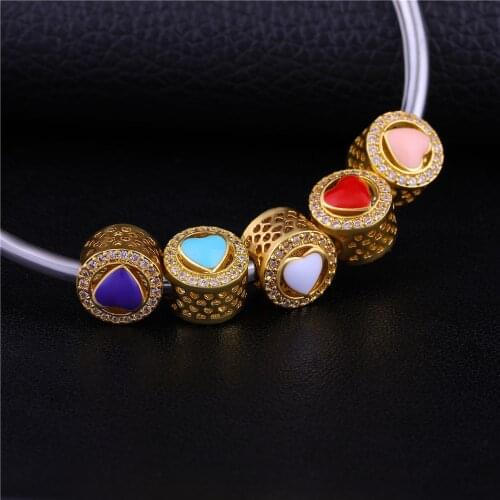 2019 New Copper Oil Drip Stone Enamel Love Hearts Big Hole Gold Beads Charm For Jewelry Making Fit DIY Bracelets & Bangles bead