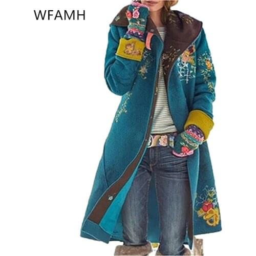 2021 fall/winter new style lapel mid-length single-breasted printed blouse long-sleeved woolen woolen jacket women Polyester