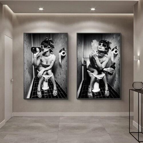 Sexy Woman Sitting On The Toilet Smoking Poster Black And White Style Mural Home Art Wall Painting Bathroom Decoration Painting