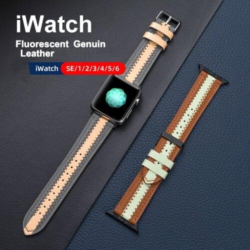 Compatible with Apple Watch Band 38mm 40mm 42mm 44mm, Genuine Leather Fluorescence Replacement Strap SE Series 6 5 4 (44mm)