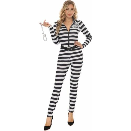 Stripe Adult Prisoners Costume Women Sexy Prison Uniform Female Criminals Jailbird Costume For Halloween Role Play Party Dress
