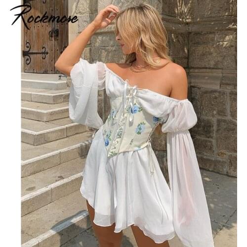 Rockmore Chiffon Boho Dresses Flare Sleeve Mini Dress Sexy Vintage Backless Short Dress Women Elegant White Beach Party Sundress