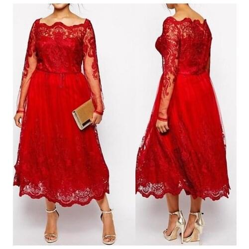 Modest Red Lace Plus Size Mother Of The Bride Dresses Sheer Long Sleeves Tea-Length Wedding Guest Gown Custom Make vestido