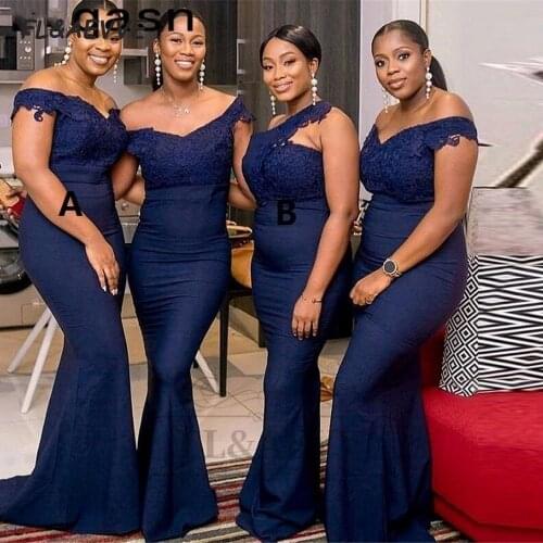 Navy Blue Bridesmaid Dresses Mermaid 2021 Off-the-Shoulder South African Bridesmaid Dress Lace Up Black Girls Wedding Party Gown