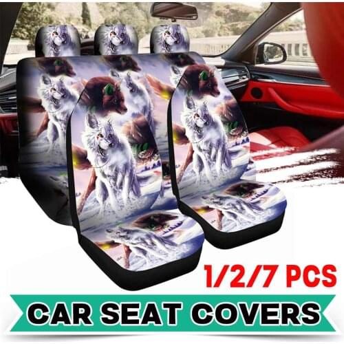 1/2/7PCS Universal Protector Car Seat Cover Front And Back 3D Animal Wolf Print Full Set Cushion For Van Truck