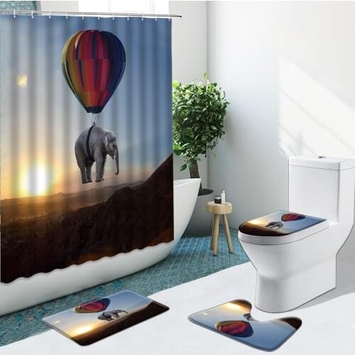 Funny Elephant Hot Air Balloon Mount Fuji Lavender Bathroom Set Shower Curtain Non-Slip Rug Flannel Carpet Toilet Cover Bath Mat