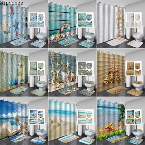Bipoobee 3pcs/1pc Beach Seaside Scenery Shower Curtain Conch Starfish Shell Bathroom Curtains Non Slip Rug Toilet Lid Bath Mat