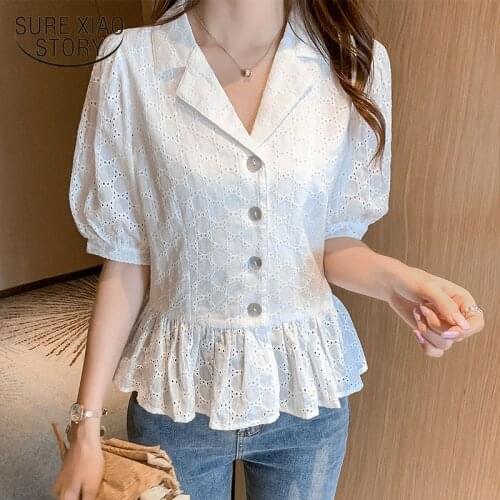 2020 Summer Solid Cotton Hollow Out V-neck Short Sleeve Blouse Women White Blouse Summer Ruffle Tops Blusas Mujer De Moda 9554